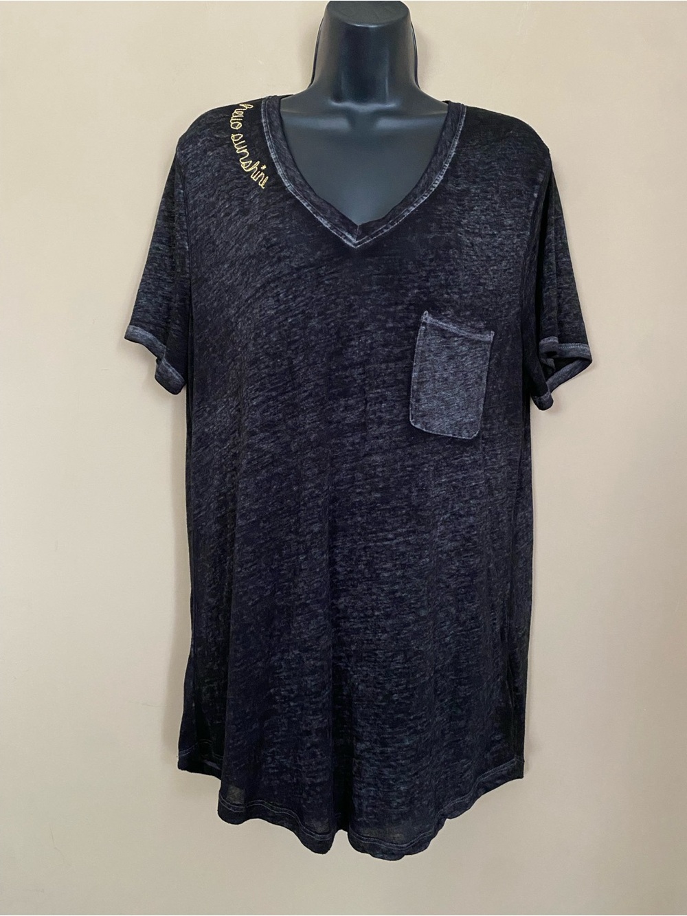 Peace & Pearls “hello sunshine” Washed Heather Black Sheer V-Neck Pocket Tee